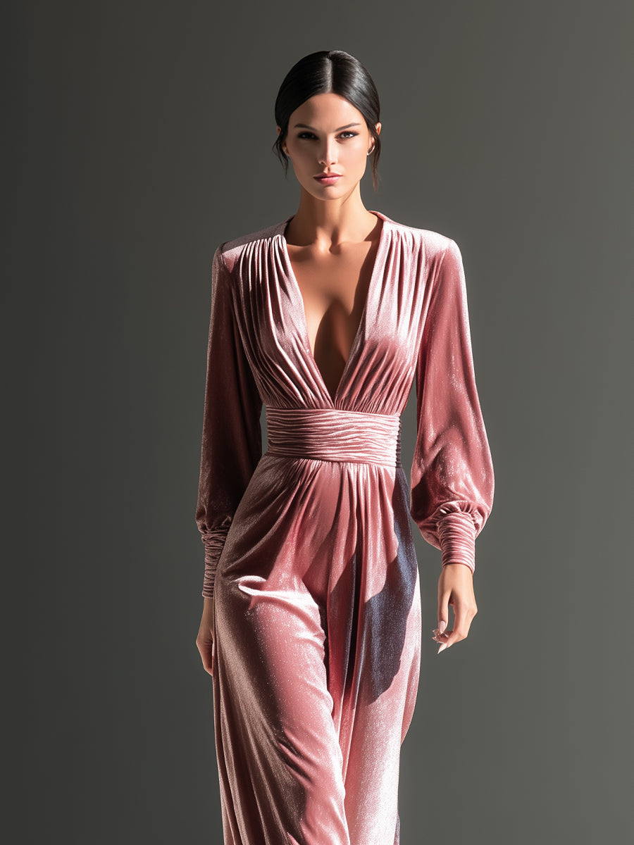Women's Elegant Pink Velvet Plunge Neck Ruched Jumpsuit MDA0576H3I