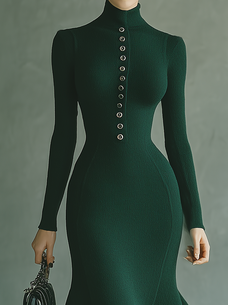 Women's Dark Green Button-down Chanel Style Maxi Dress MDA1640H5T