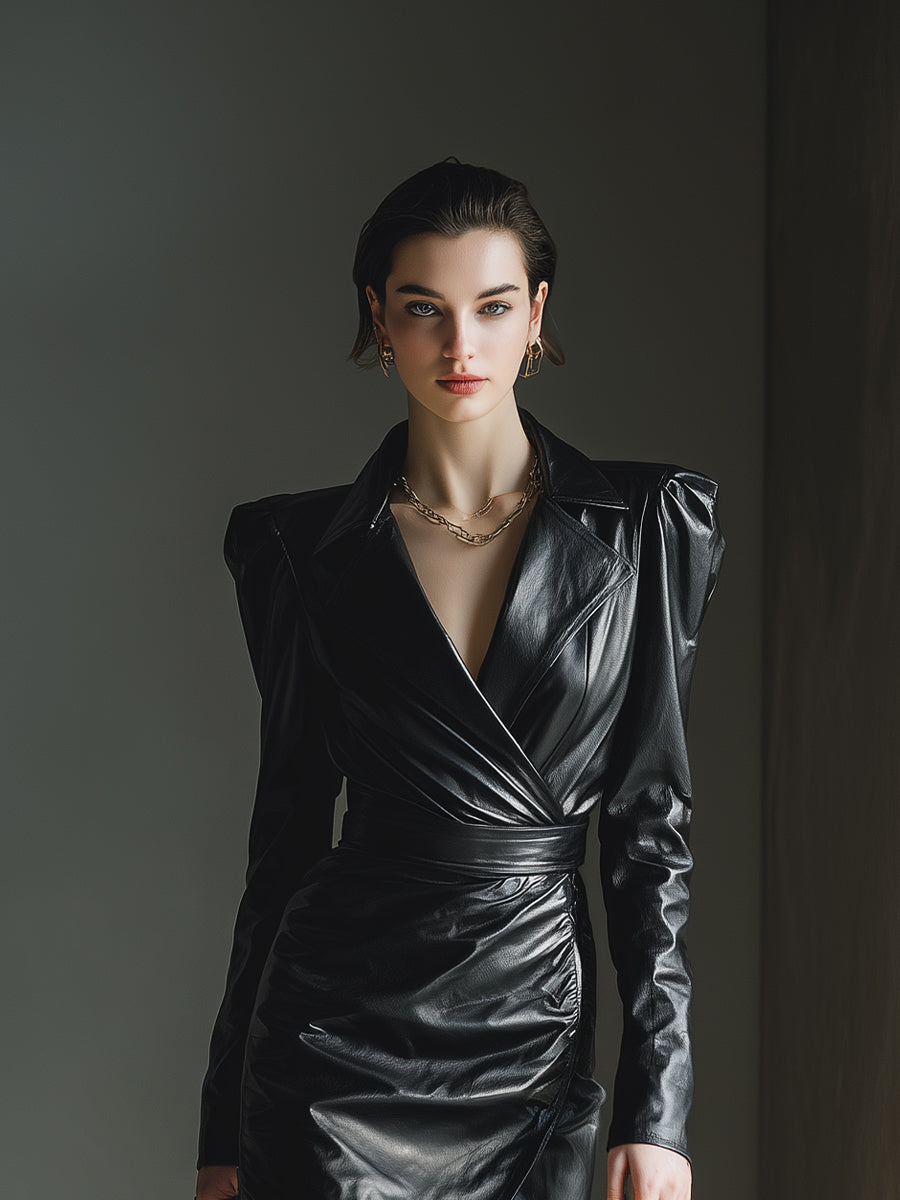 Women's Black Chic Faux Leather Puffed - Shoulder Wrap Mini Dress MDA1909H7I