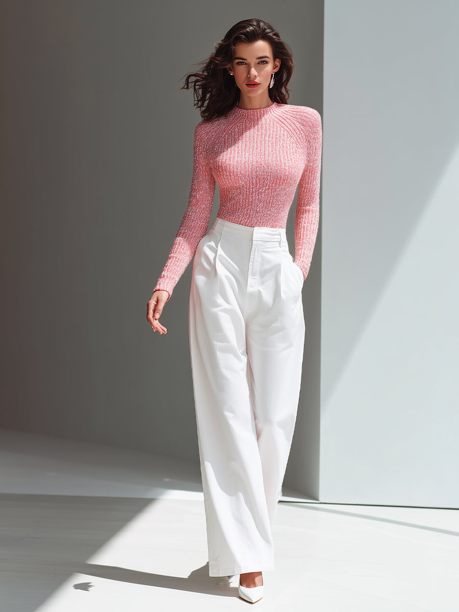 Women's Pink & White Elegant Glitter - Knit Sweater & Wide - Leg Pants Set MDA1531H1I