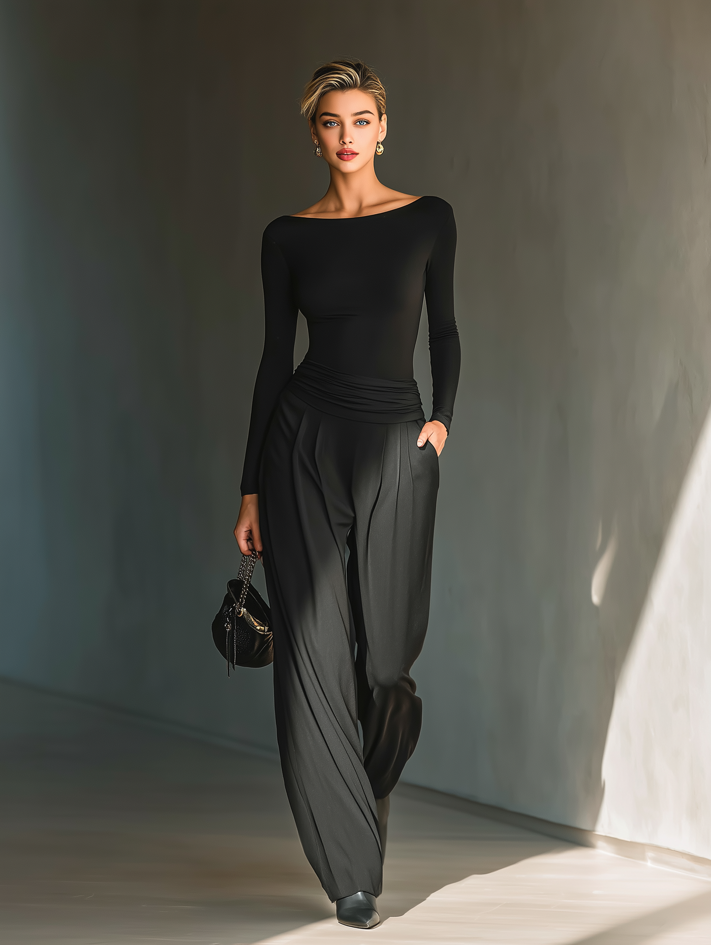 Women's Versatile Black Knit And Trousers Set MDA1458H9T