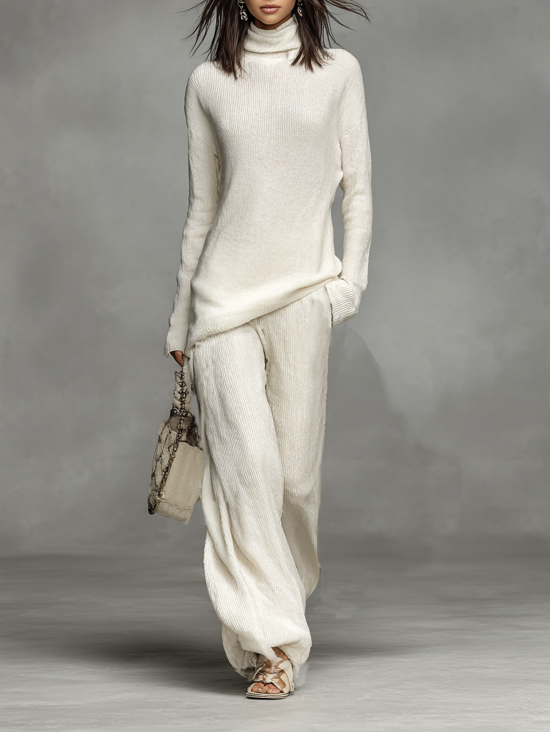 Women's Solid Color Knitted Turtleneck Sweater And Trousers Set MDA1328H5Y