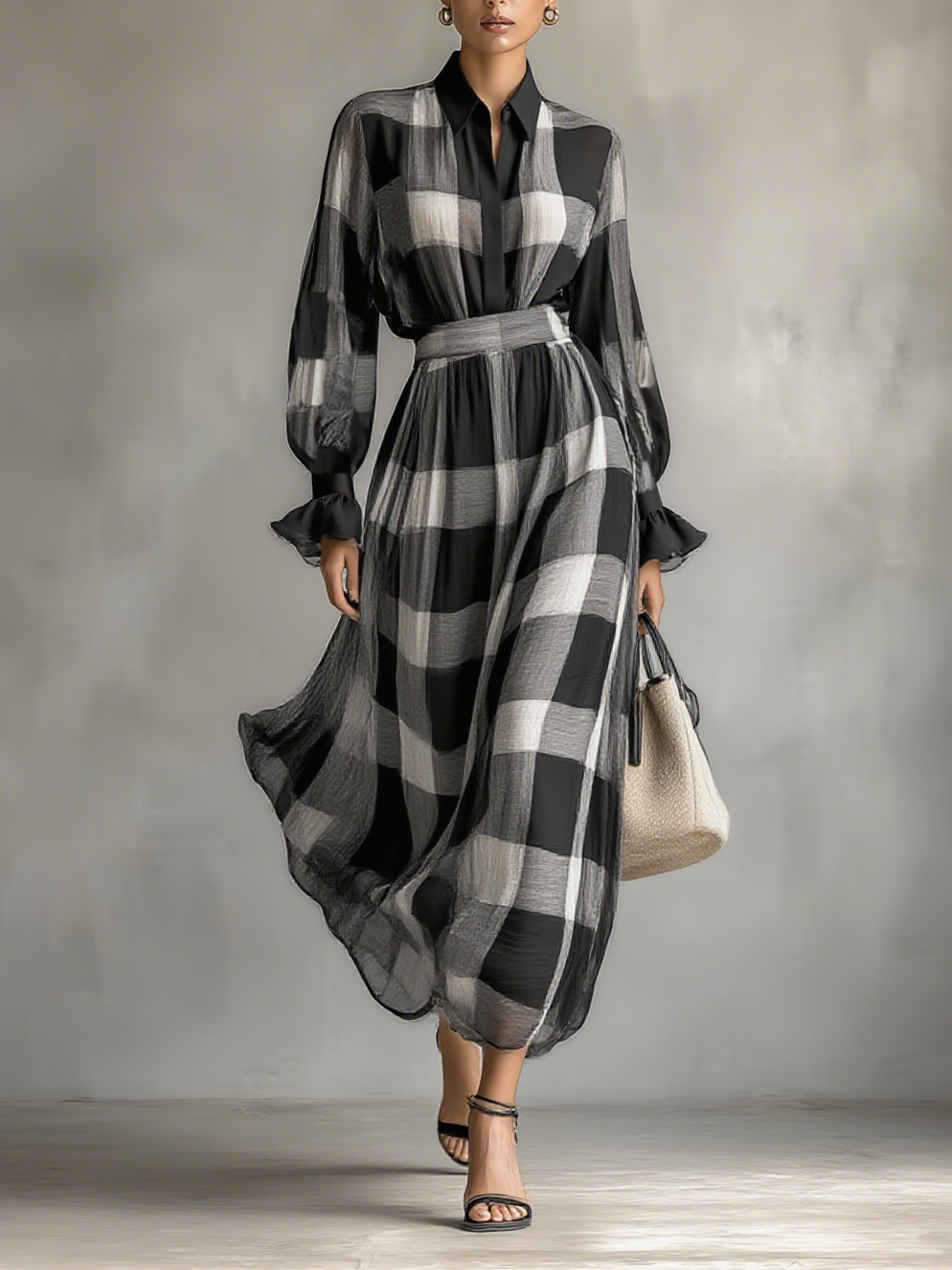 Women's Fashion Plaid Lapel Shirt Long Skirt Set MDA0470H3Y