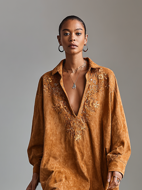 Women's Suede Loose Lapel V-neck Embroidered Long-sleeved Midi Dress MDA1489H9Y