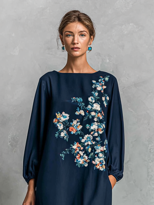 Women's Cotton And Linen Blend Floral Embroidery Maxi Dress MDA1430H9Y