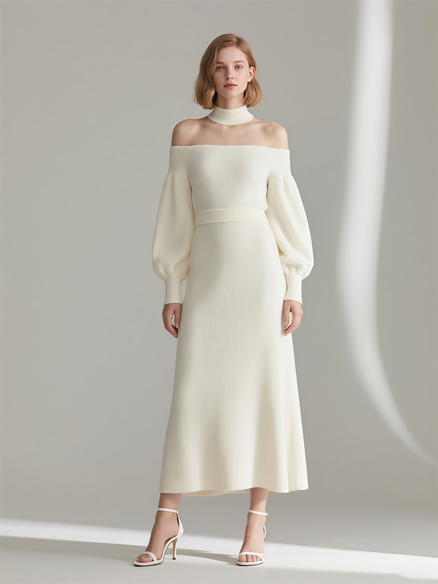 Women’s Cream Chic Knit Off-Shoulder Balloon-Sleeve Maxi Dress MDA1998H0I