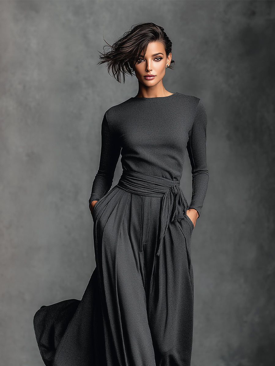 Women's Black Elegant Knit Belted Maxi Dress Two-piece Set MDA2092H3I