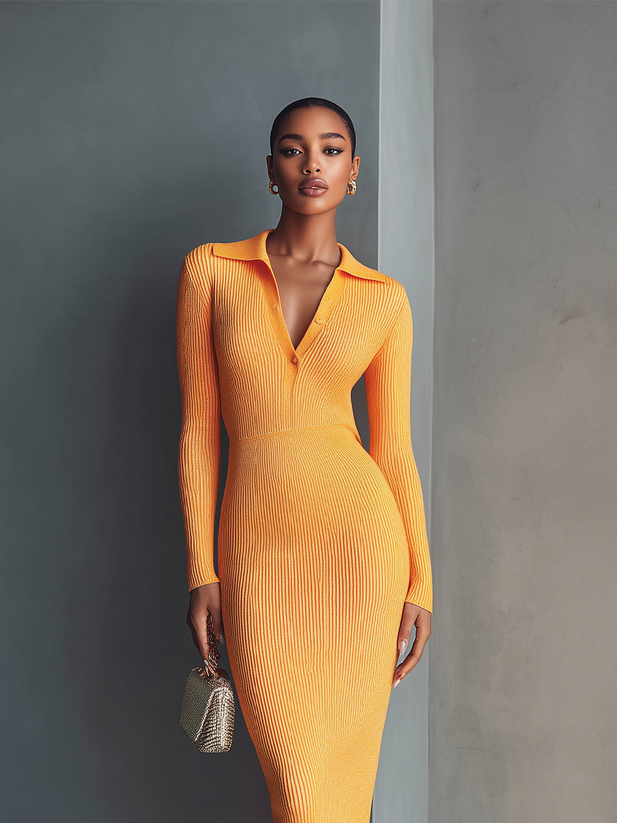 Women's Orange Chic Rib - Knit Polo - Neck Midi Dress MDA1133H5I
