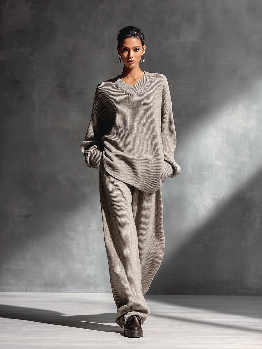 Women's Beige Elegant Rib - Knit V - Neck Sweater & Wide - Leg Pants Set MDA1516H0I