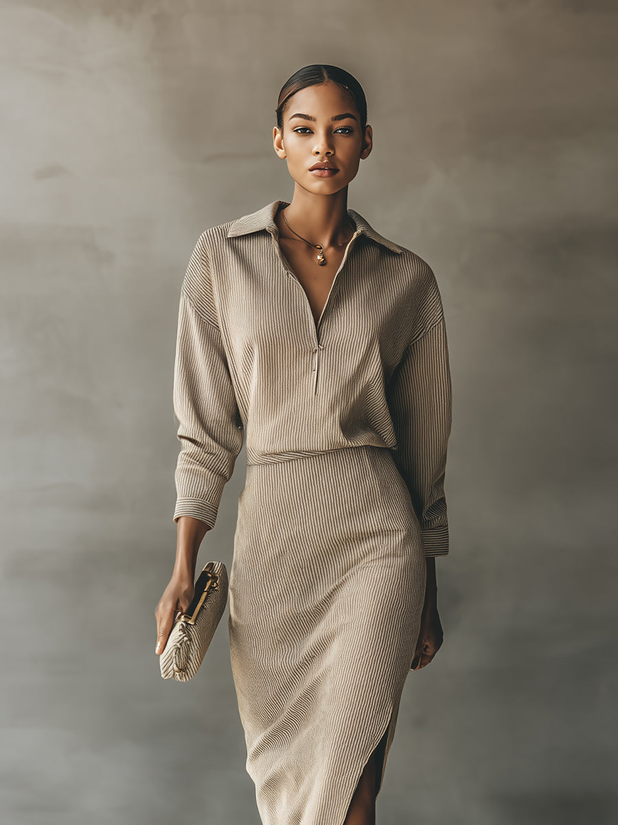 Women's Beige Striped Sophisticated Cotton Blended Zip - Front Skirt Set MDA1186H8I