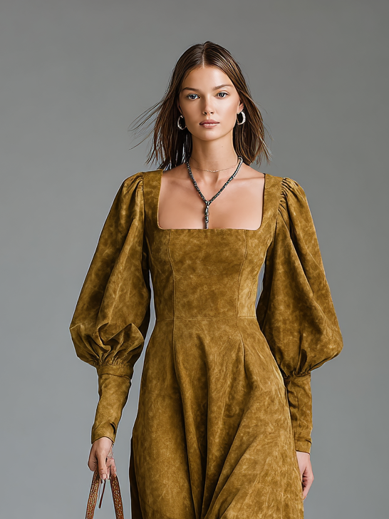 Women's Solid Color Environmentally Friendly Imitation Suede Pull Square Collar Long Sleeve Maxi Dress MDA0148H2Y