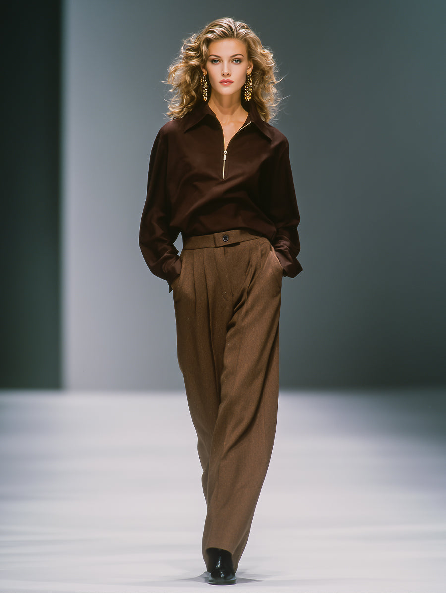 Women's Brown Chic Blend Pleated Trouser Suit Two-piece Set MDA0802H7I
