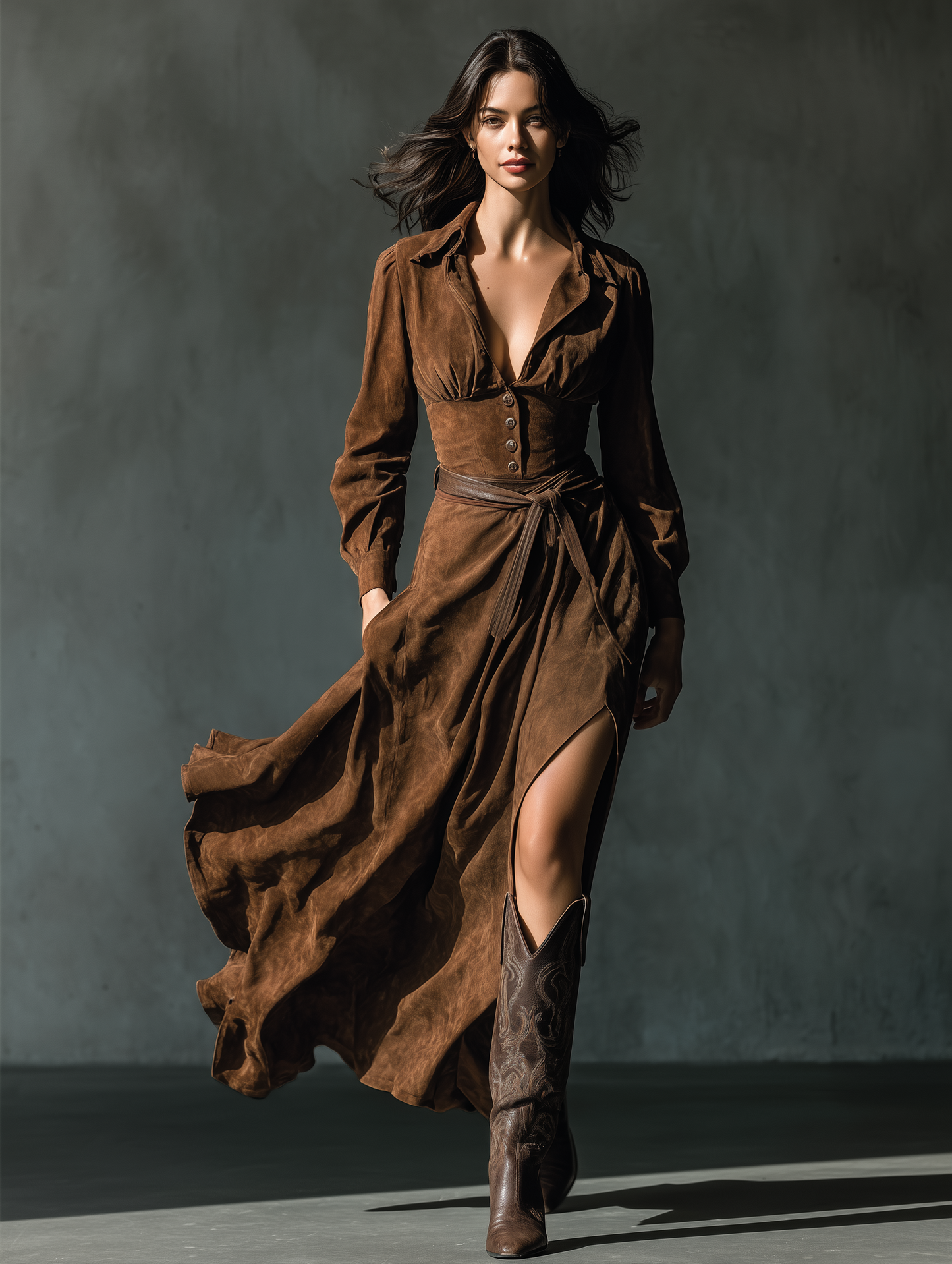 Women's Suede Brown Shirt Collar Maxi Dress MDA0152H3T