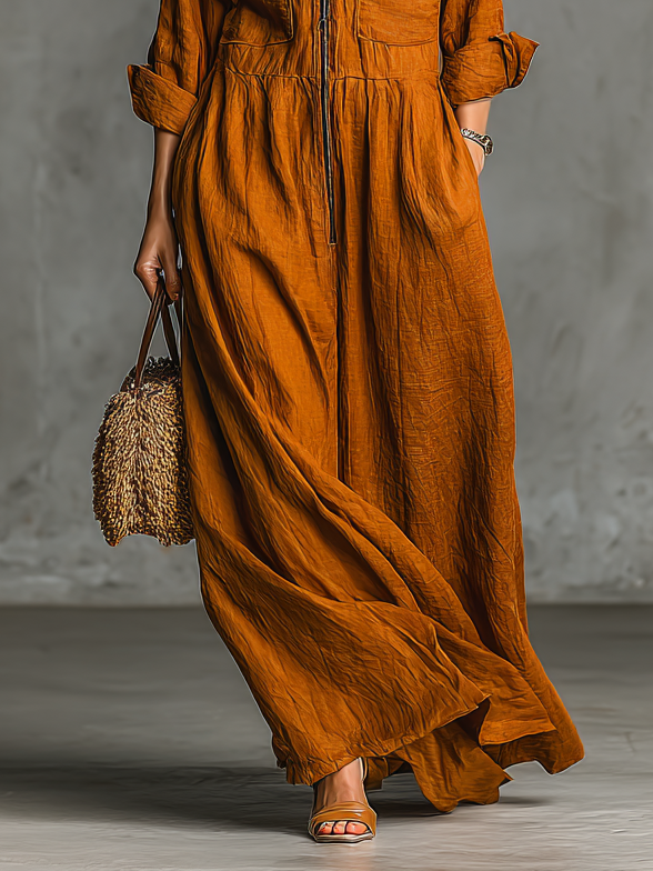 Women's Casual Loose Cotton And Linen Blend Zipper Lapel Long Sleeve Maxi Dress MDA1992H5Y