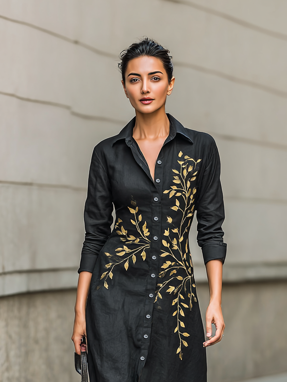 Women's Cotton And Linen Blend Leaf Embroidered Shirt Maxi Dress MDA1415H1Y