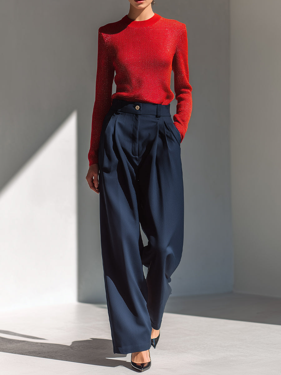 Women's Red & Navy Elegant Glitter - Knit Sweater & Pleated Wide - Leg Pants Set MDA1574H4I