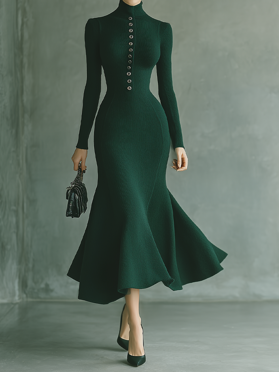 Women's Dark Green Button-down Chanel Style Maxi Dress MDA1640H5T