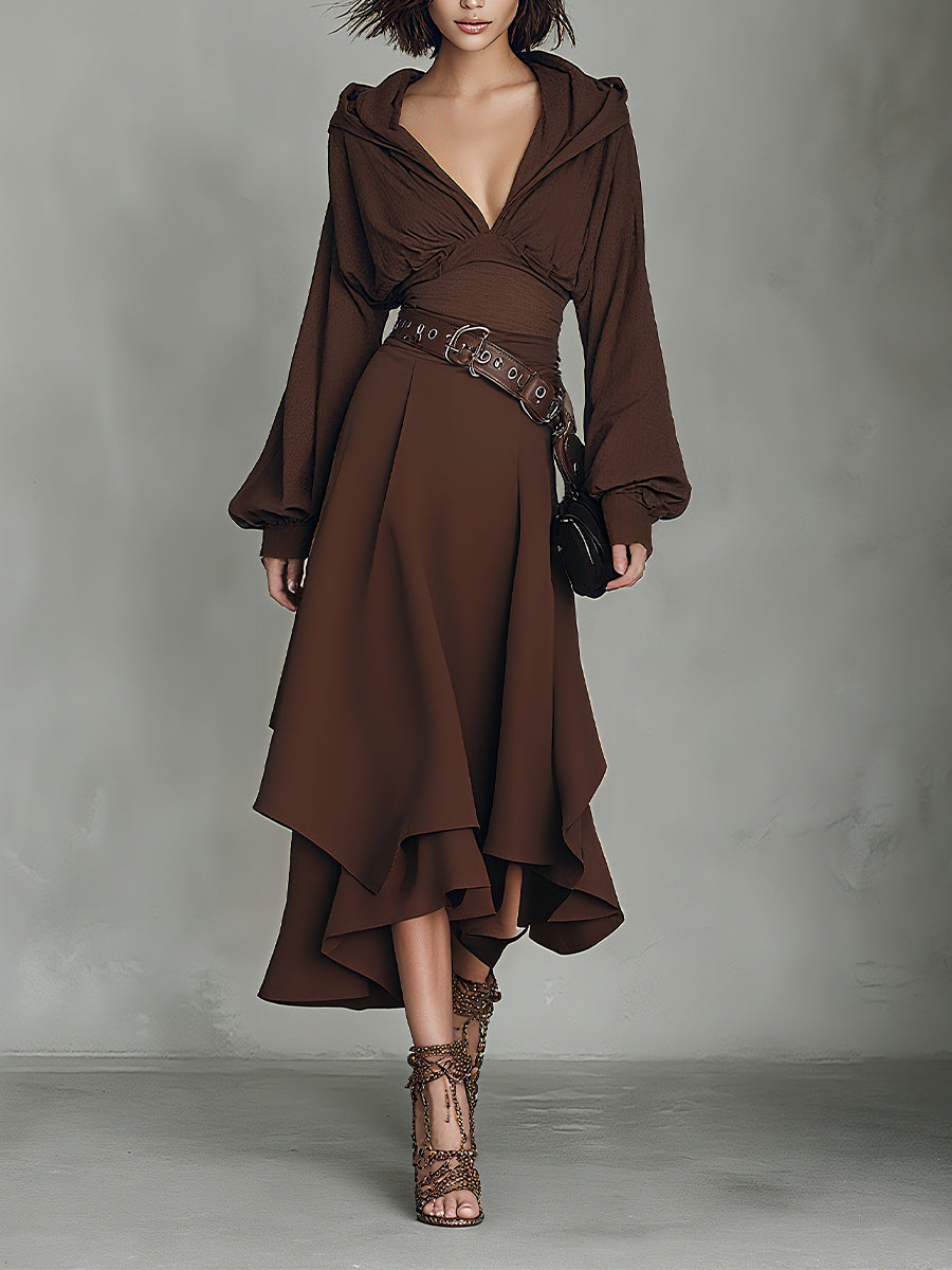Women's Brown Bohemian Chiffon Hooded Asymmetric Midi Dress MDA1800H6I