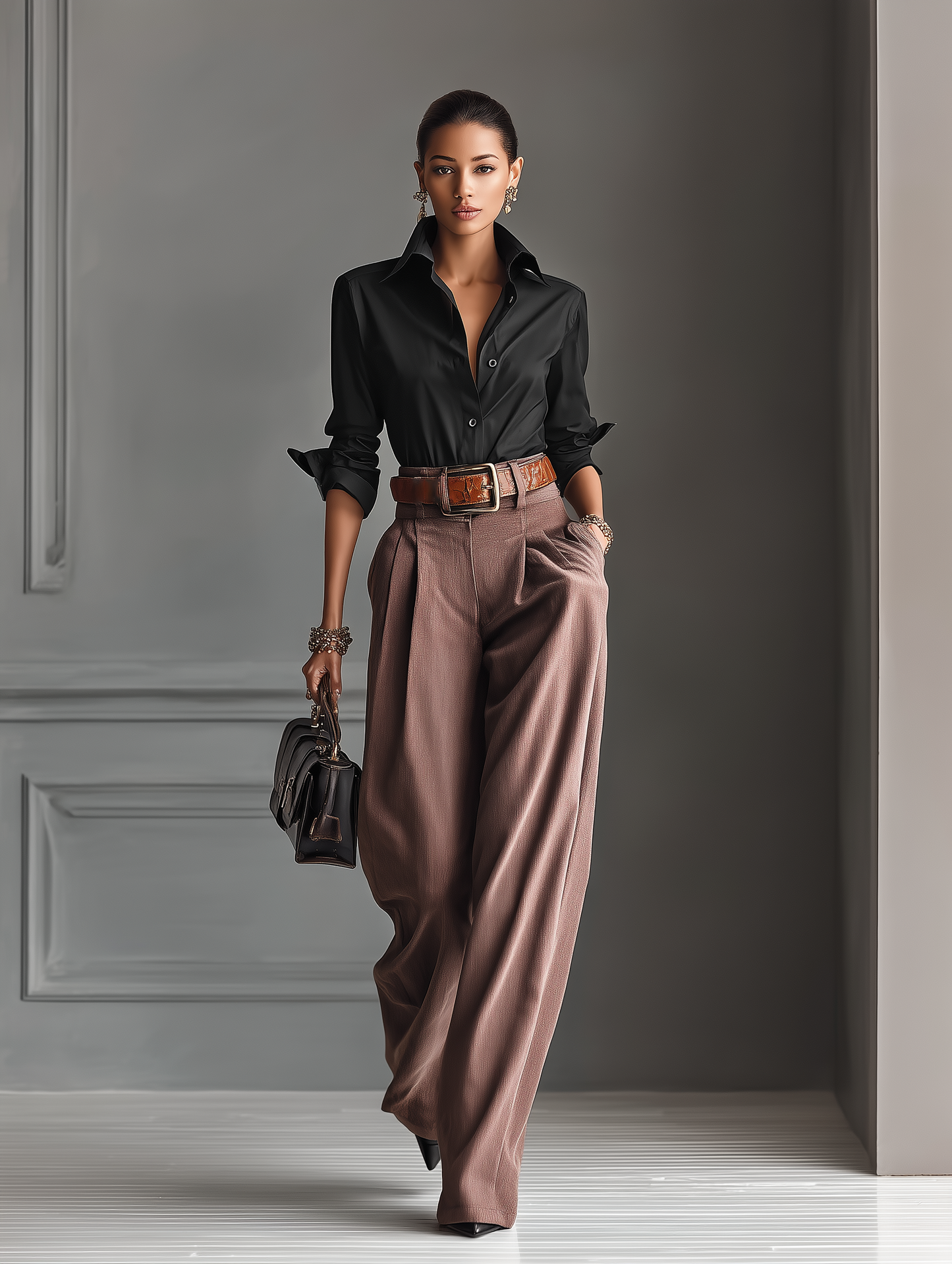Women's Blended Black Shirt And Gray-pink Wide-leg Pants Set(Without Belt)MDA1655H2T