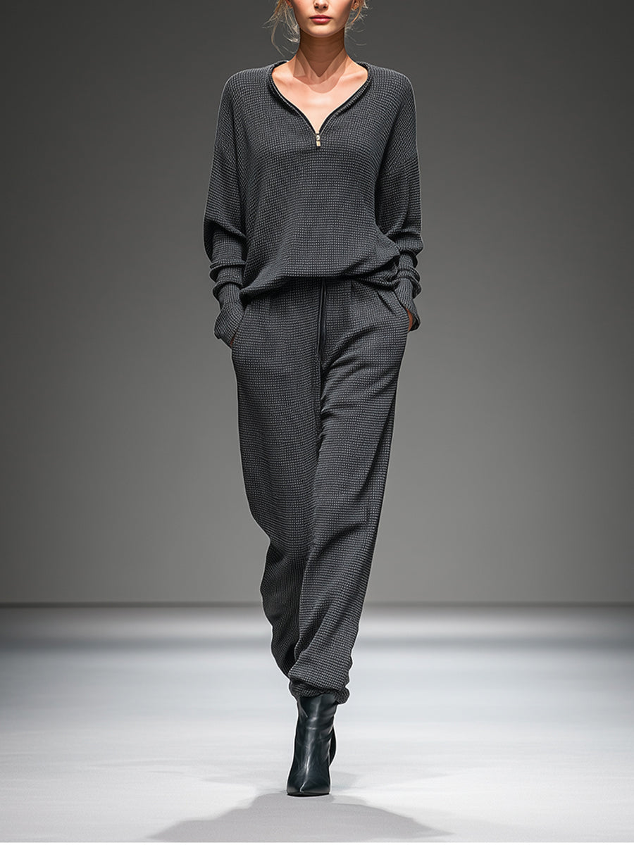 Women's Grey Casual Knit Half - Zip V -Neck Loose Fit Loungewear Two-piece Set MDA0529H6I