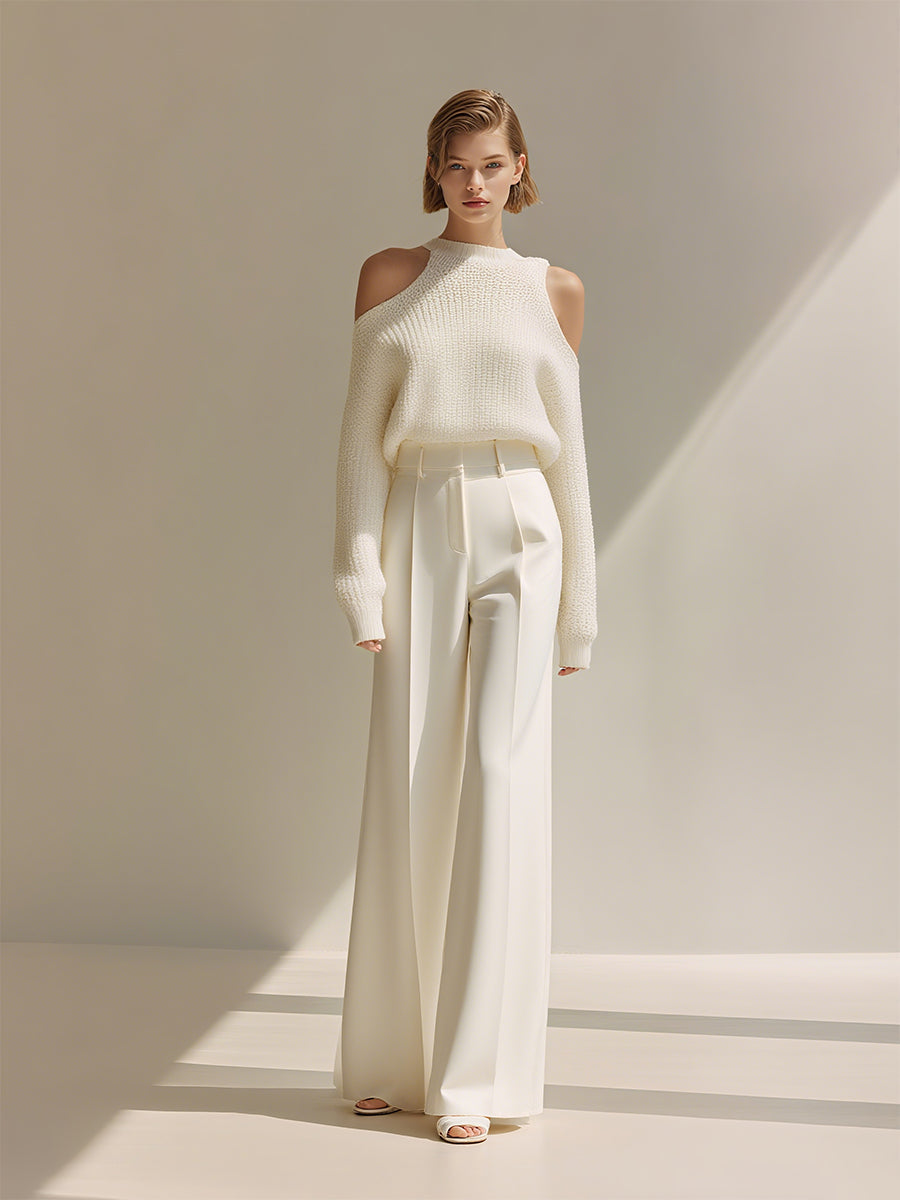 Women's White Elegant Knit Cold - Shoulder Sweater & Wide - Leg Pants Set MDA1957H7I