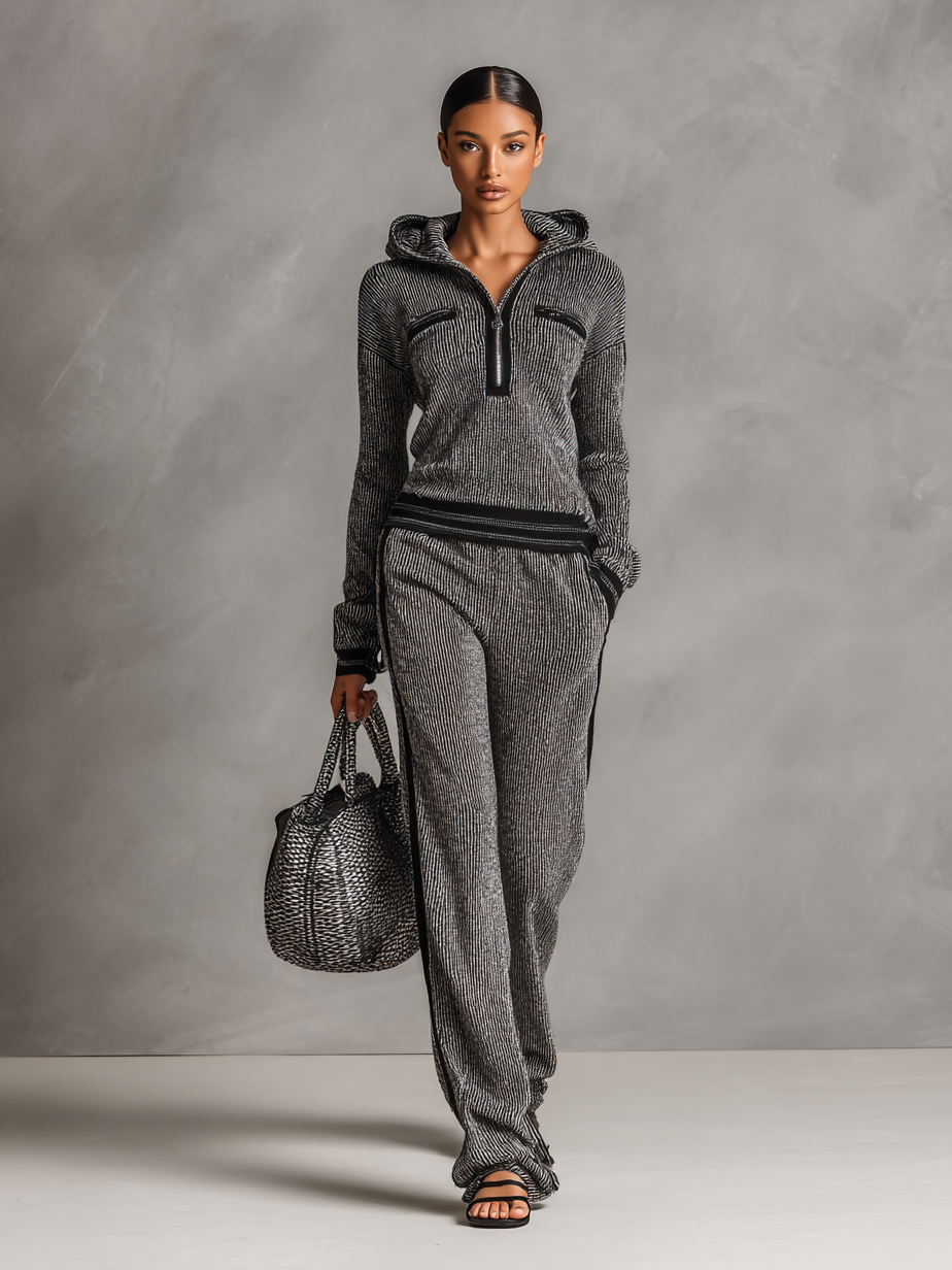 Women's Corduroy Ribbed Black Trim Hooded Sweatshirt Straight Pants Set MDA1849H3Y