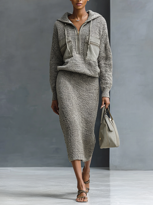 Women's Fashion Knitted Hooded Double Chest Pocket Sweater Skirt Set MDA1857H0Y