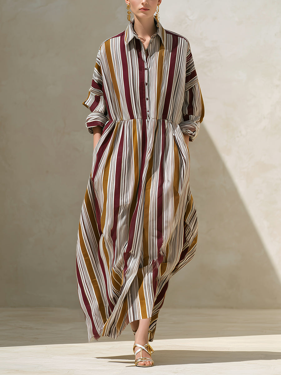 Women's Striped Bohemian Cotton - Linen Maxi Shirt Maxi Dress MDA1183H0I