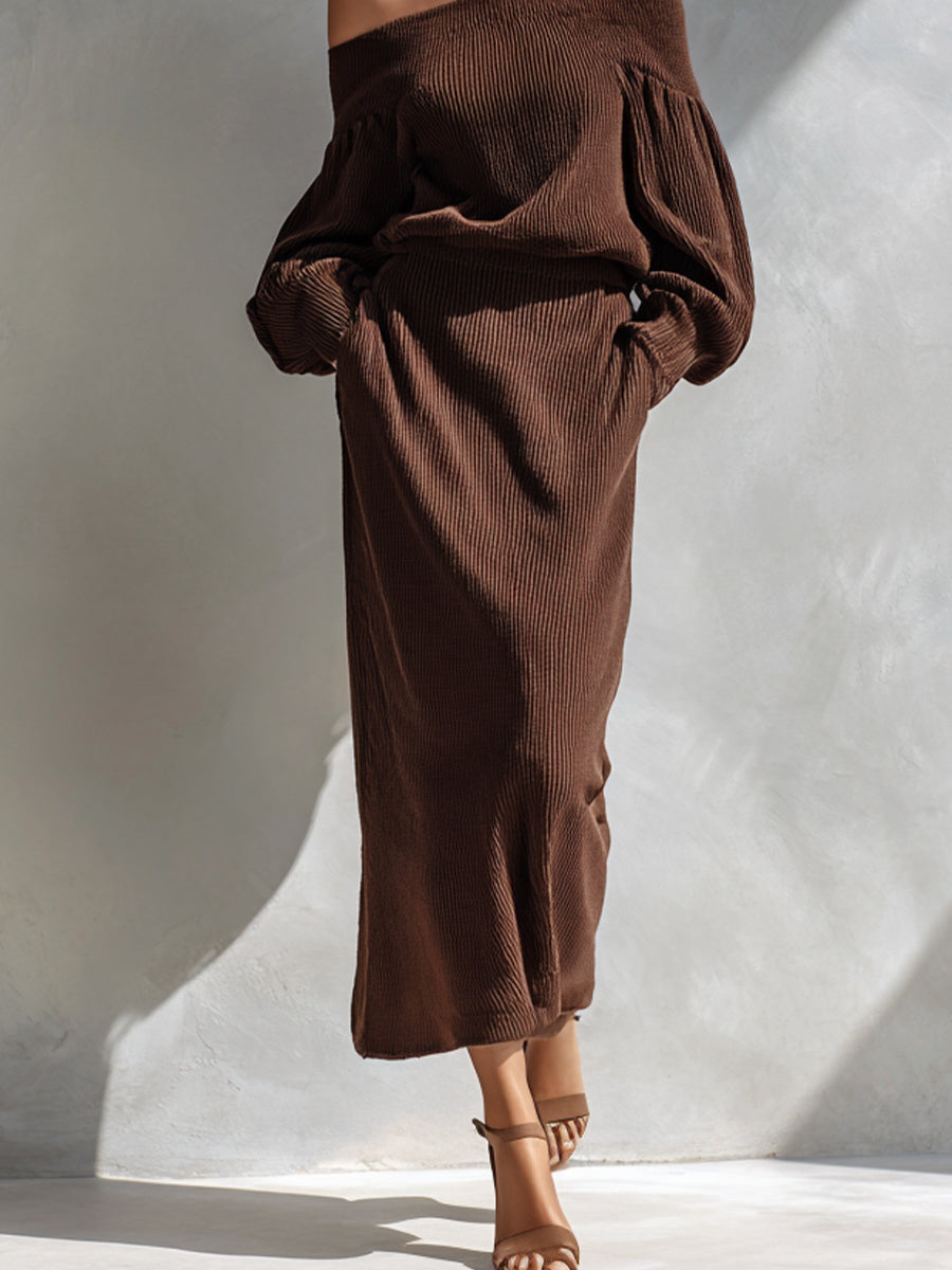 Women's Brown Elegant Rib - Knit Off - Shoulder Skirt Set MDA1550H8I