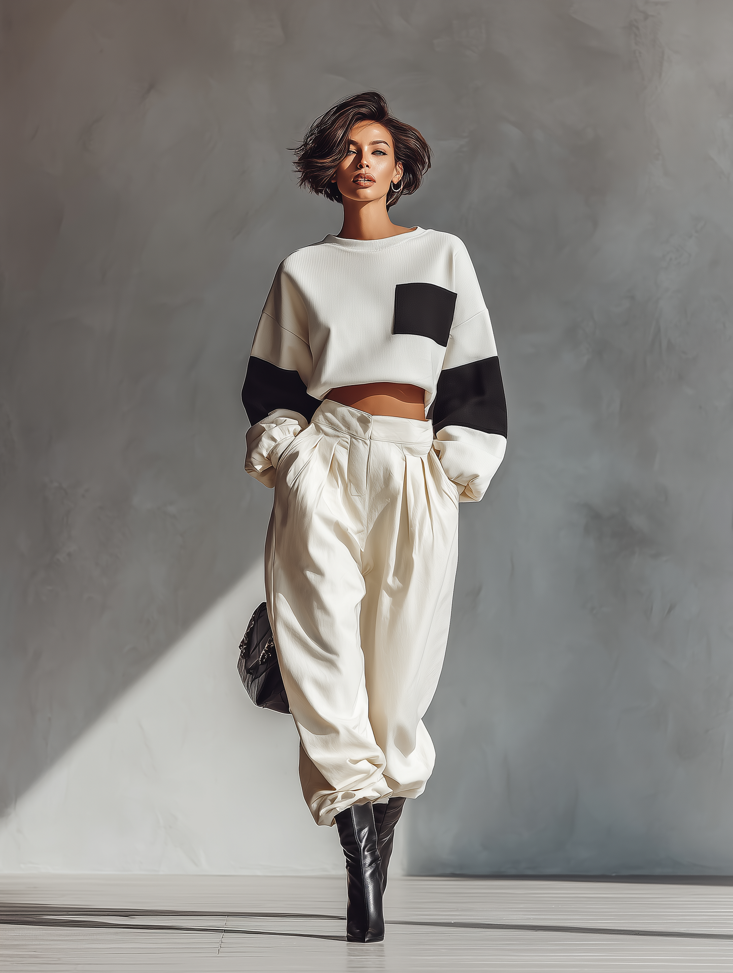 Women's White Knit Crop Top And Wide-leg Pants Set MDA1471H9T