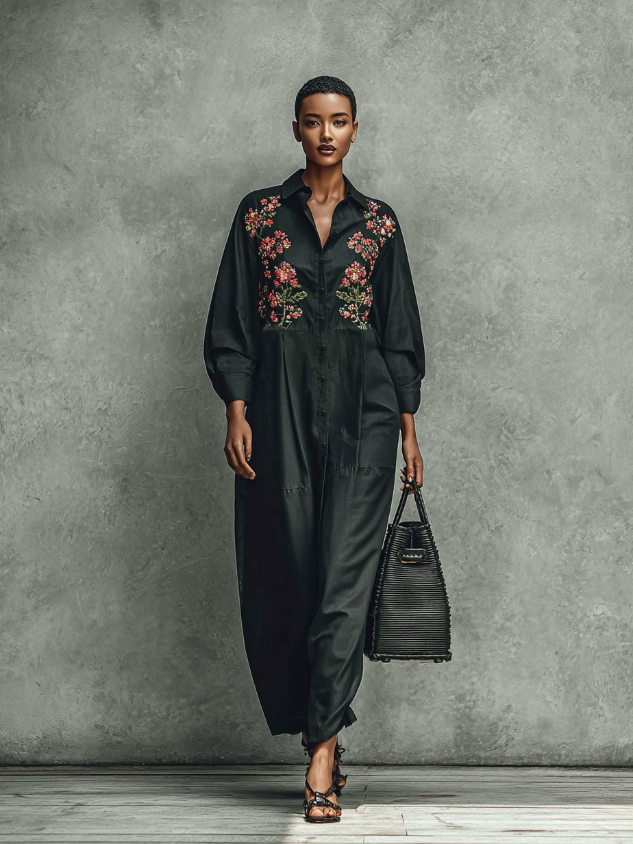 Women's Shoulder Embroidered Long-sleeved Shirt Maxi Dress MDA1496H9Y