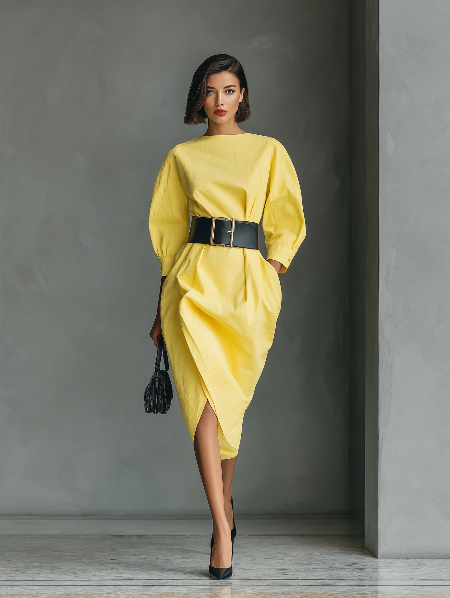 Women's Bright Yellow Cotton Blend Fashionable Midi Dress MDA1407H5T
