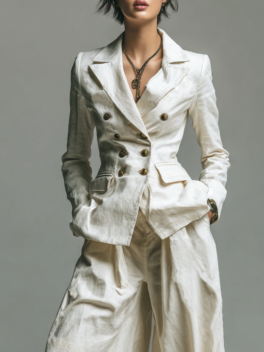 Women's Cotton And Linen Double-Breasted Blazer And Wide-Leg Pants Set MDA1869H6Y
