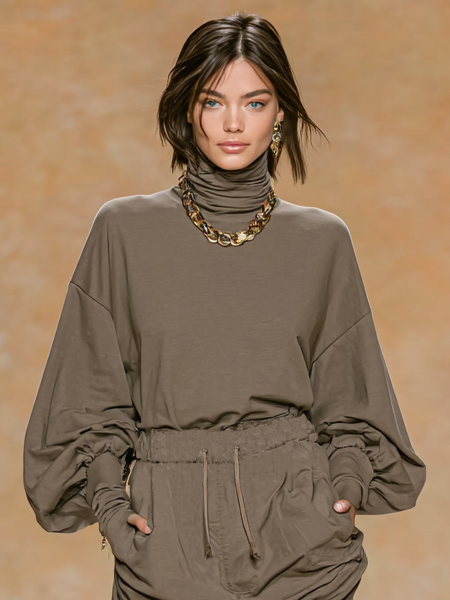 Women's Fashion Turtleneck Lantern Sleeve T-Shirt Mini Skirt Set MDA1284H8Y