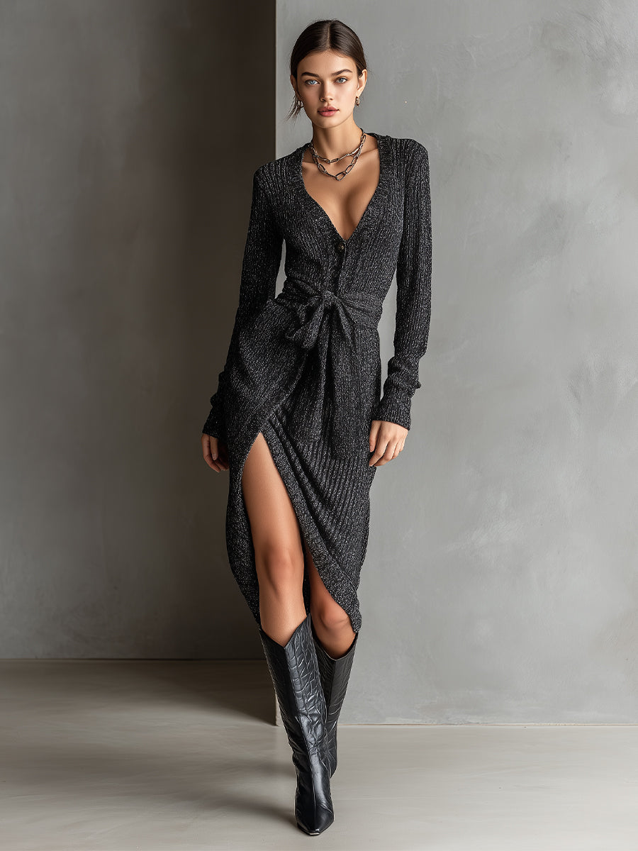 Women's Black Elegant Glitter Knit Tie - Waist Slit Midi Dress MDA1833H2I