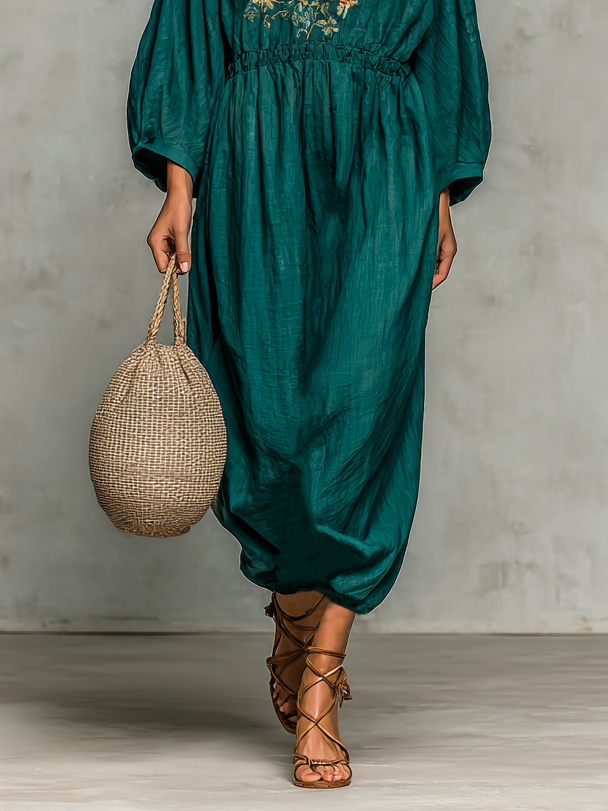 Women's Casual Floral Embroidered Round Neck Drawstring Maxi Dress MDA1513H8Y