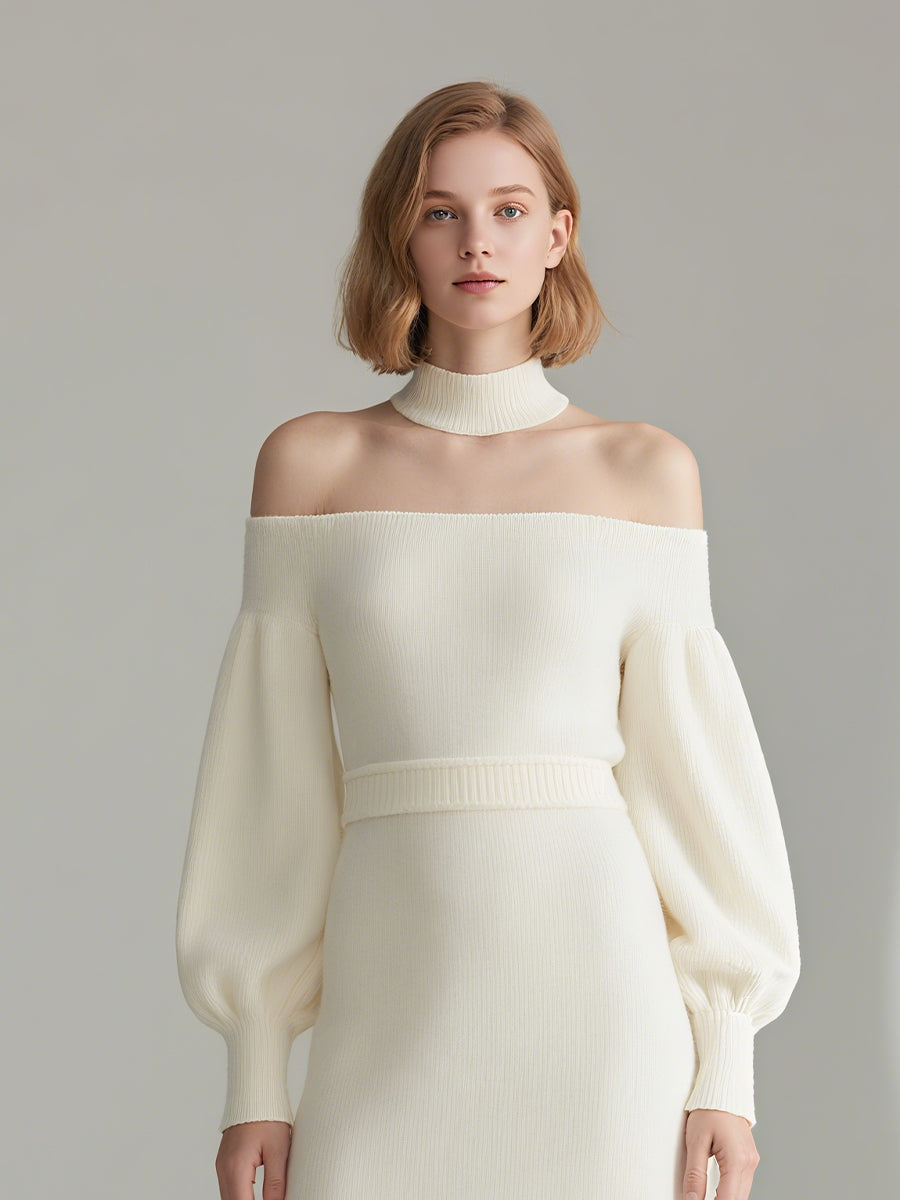 Women’s Cream Chic Knit Off-Shoulder Balloon-Sleeve Maxi Dress MDA1998H0I
