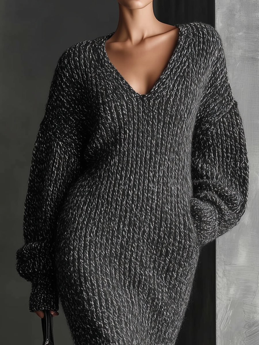 Women's Dark Gray Loose-fitting Knitted Midi Dress MDA1540H1T