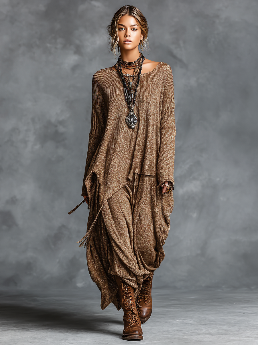 Women's Knitted Round Neck Irregular Hem Tassel Skirt Set MDA1349H6Y