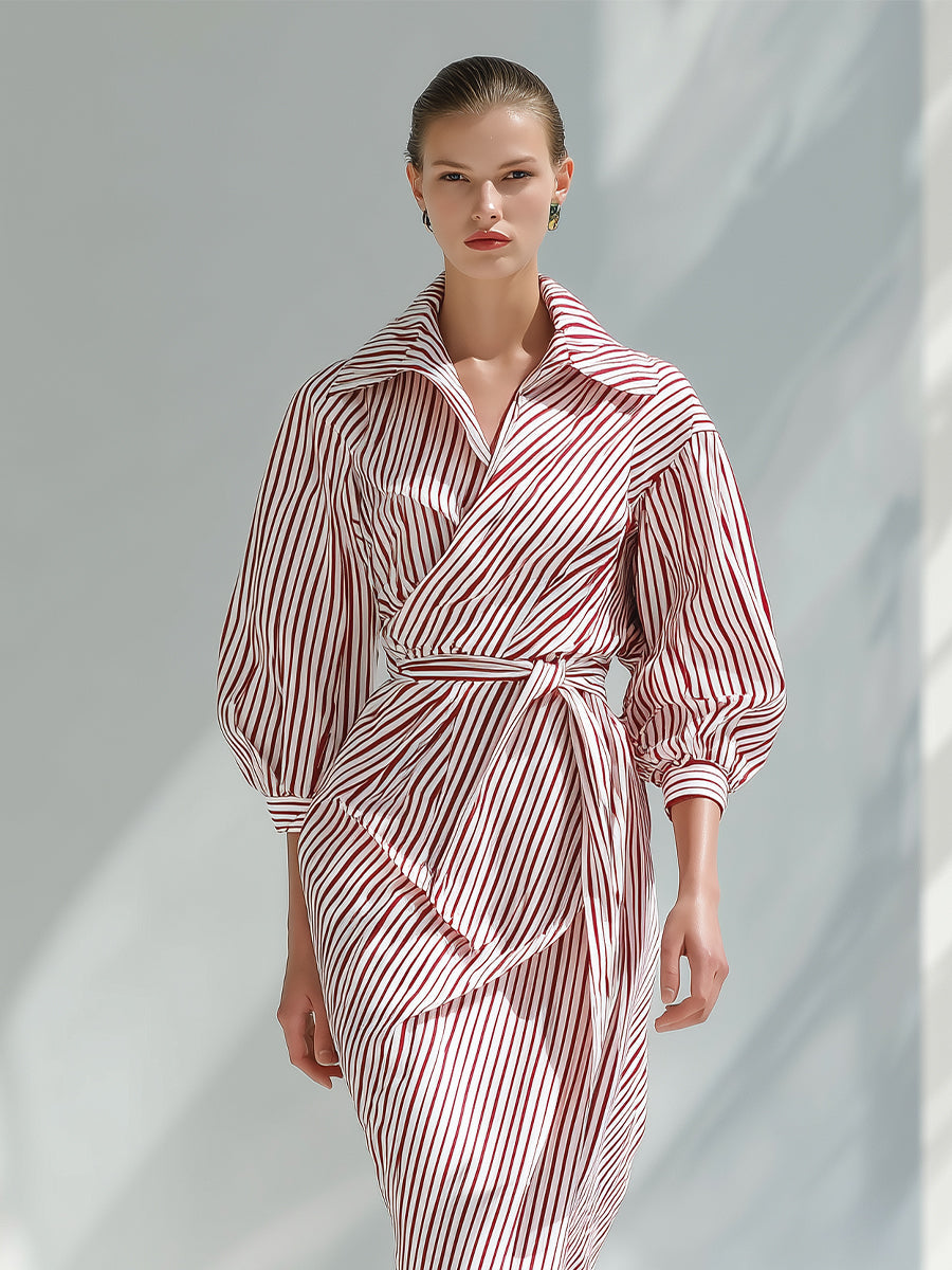 Women's Red - White Striped Elegant Cotton Wrap - Belted Midi Dress MDA0608H1I