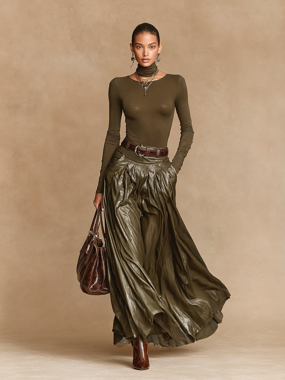 Women's Fashion Tight Round Neck T-shirt And Leather Skirt Set (excluding Belt And Scarf)MDA1677H5Y