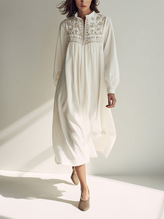 Women's White Chic Cotton Embroidered Long - Sleeve Midi Dress MDA1965H0I