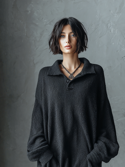 Women's Vintage Knit Lapel Loose Mini Dress MDA1270H0Y