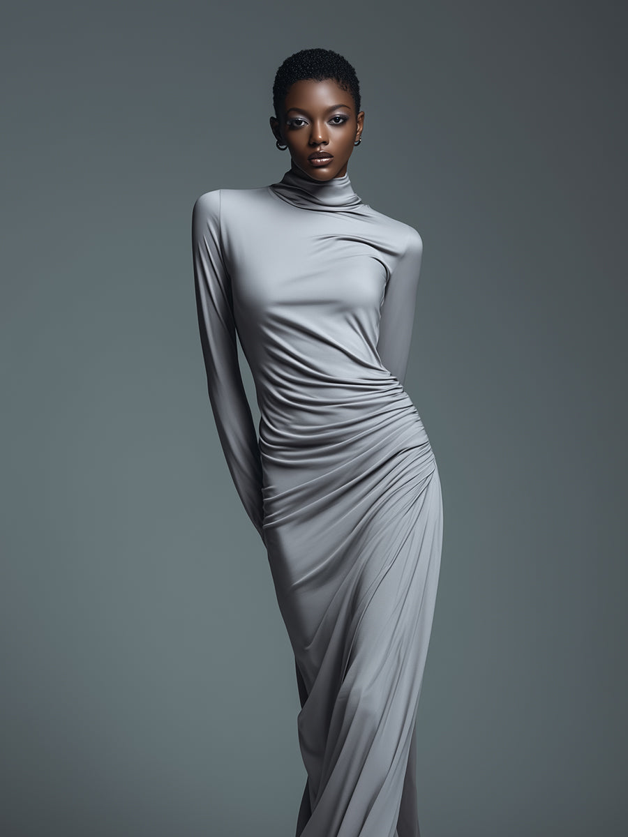 Women's Silver Chic Stretch - Knit Draped Maxi Dress MDA1446H4I