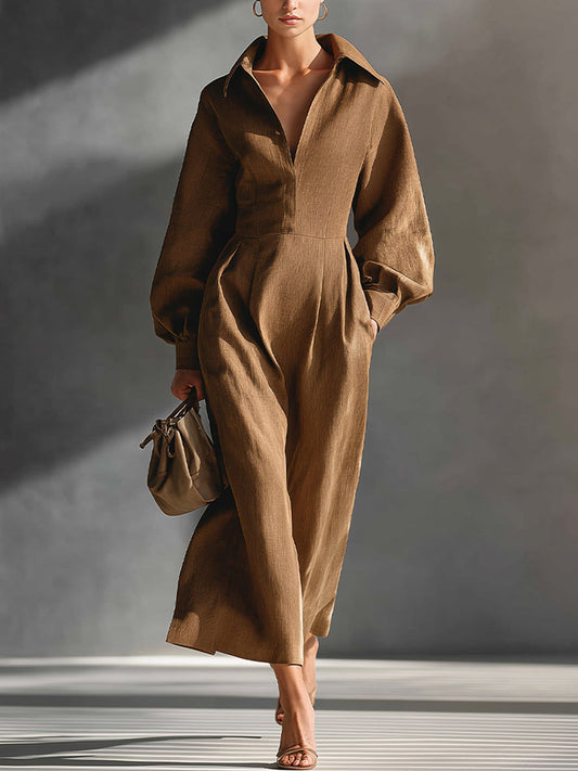 Women's Brown Chic Linen Cotton Blended Puff - Sleeve Maxi Dress MDA1120H7I