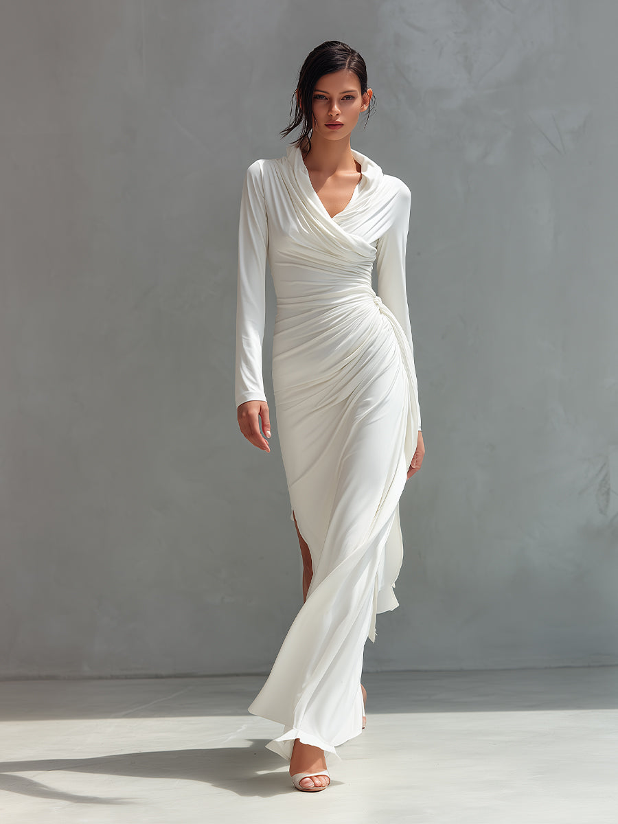 Women's White Elegant Satin Draped Ruched Slit Maxi Dress MDA2002H0I