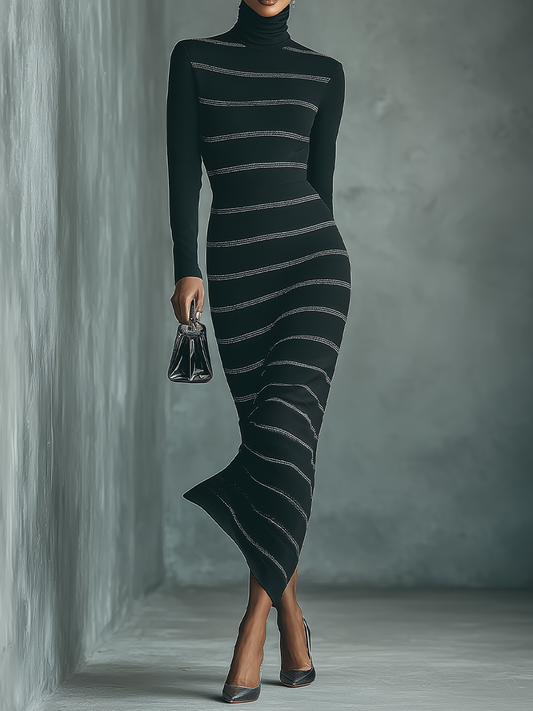 Women's Black Knit High-neck Slim-fit Maxi Dress MDA1440H6T