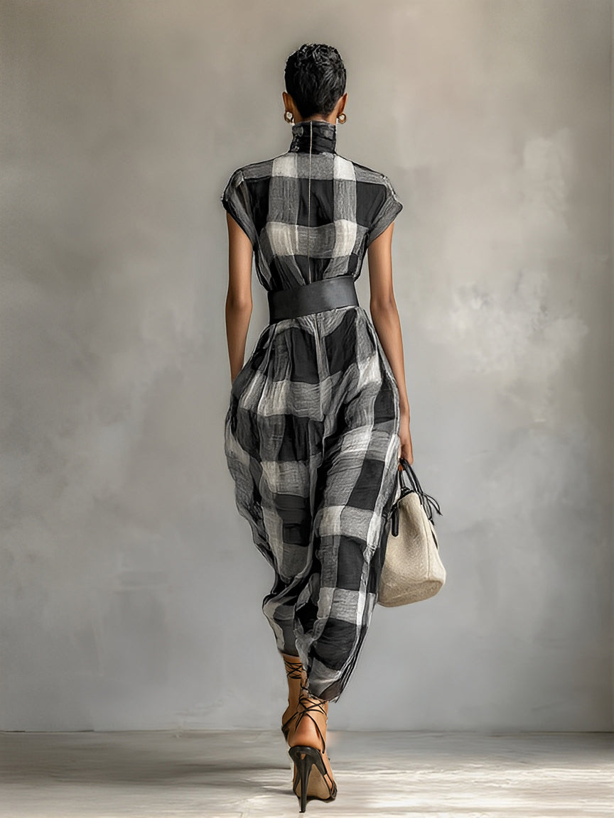 Women's Plaid Chiffon High Collar Short Sleeve Belt Maxi Dress MDA0575G6Y