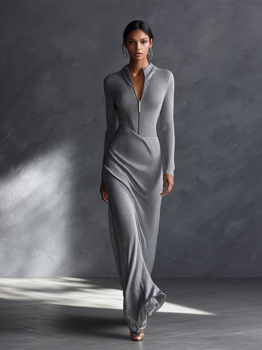 Women's Silver Glamorous Lurex - Knit Zip - Front Maxi Dress MDA1599H0I