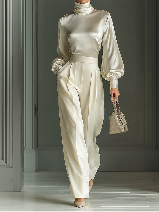 Women's Off-white Satin Turtleneck Top And Wide-leg Pants Set MDA1504H6T
